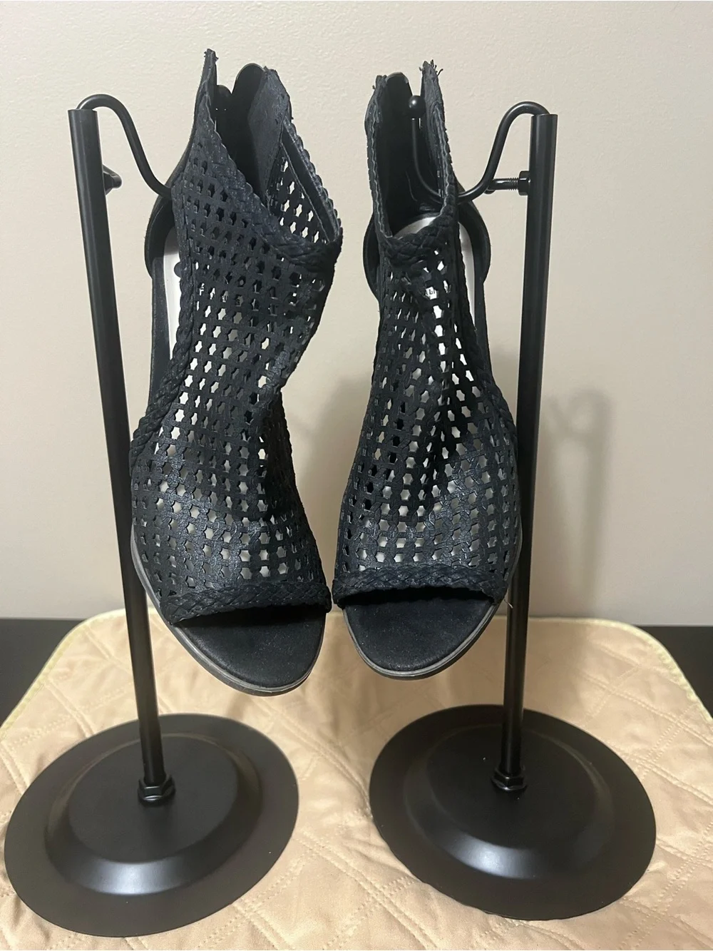 Perforated Black Peep-Toe Wedge Booties - Unbranded